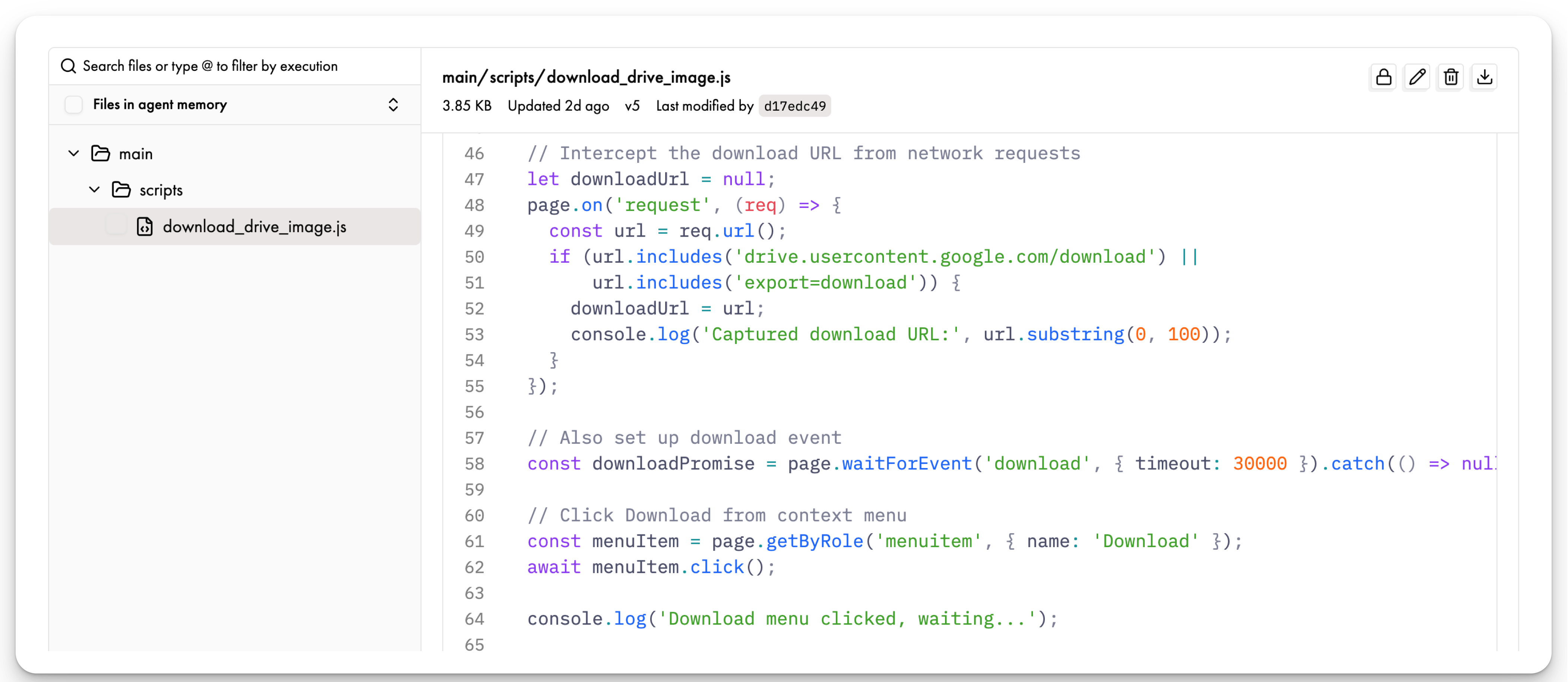 Agent encoding a curl script to intercept Google Drive network requests